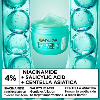 Garnier Salicylic Fresh & Matte Cream - Hydration, 48H Oil Free - 5% [Niacinamide + Salicylic Acid + Centella Asiatica] - Cruelty Free International & Vegan
