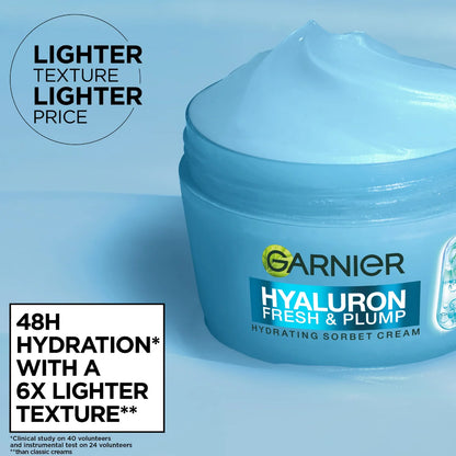 Garnier Hyaluron Fresh & Plump Cream - Hydration, 48H Oil Free - 4% [Hyaluronic Acid + Niacinamide] - Cruelty Free International & Vegan